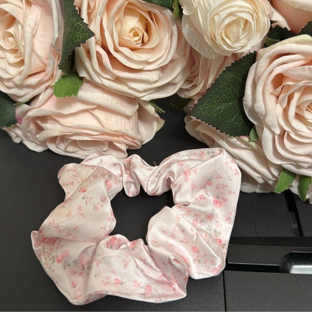 Love Shack Fancy x Goody Pink Floral Satin Scrunchie - Hair Accessory - Picture 3 of 5